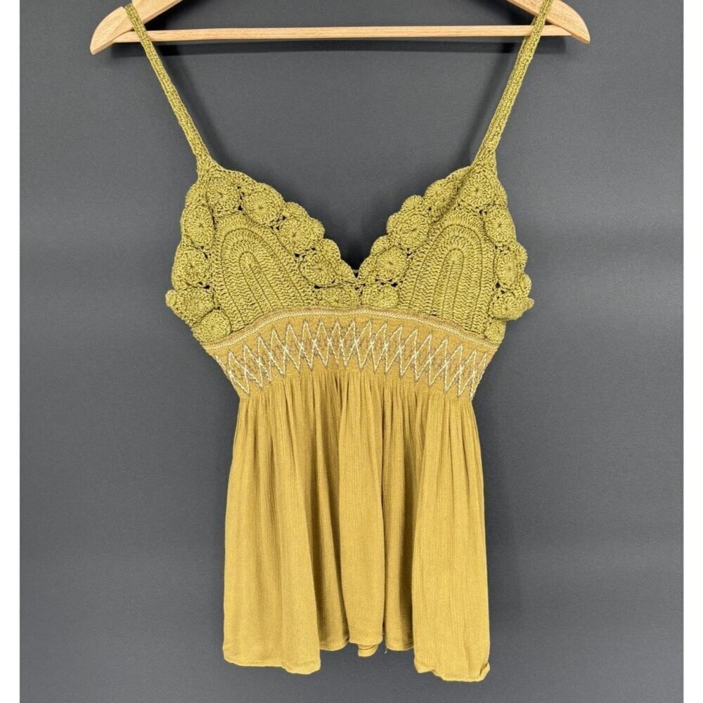 Free People Women's Crochet Babydoll Cami Top S Green Boho Festival Going Out